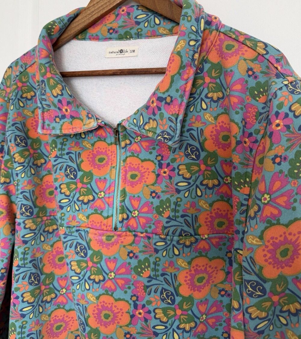 Natural Life Womens Pullover S/M Blue Floral Quarter Zip Oversized Boho Hippie - Picture 3 of 13